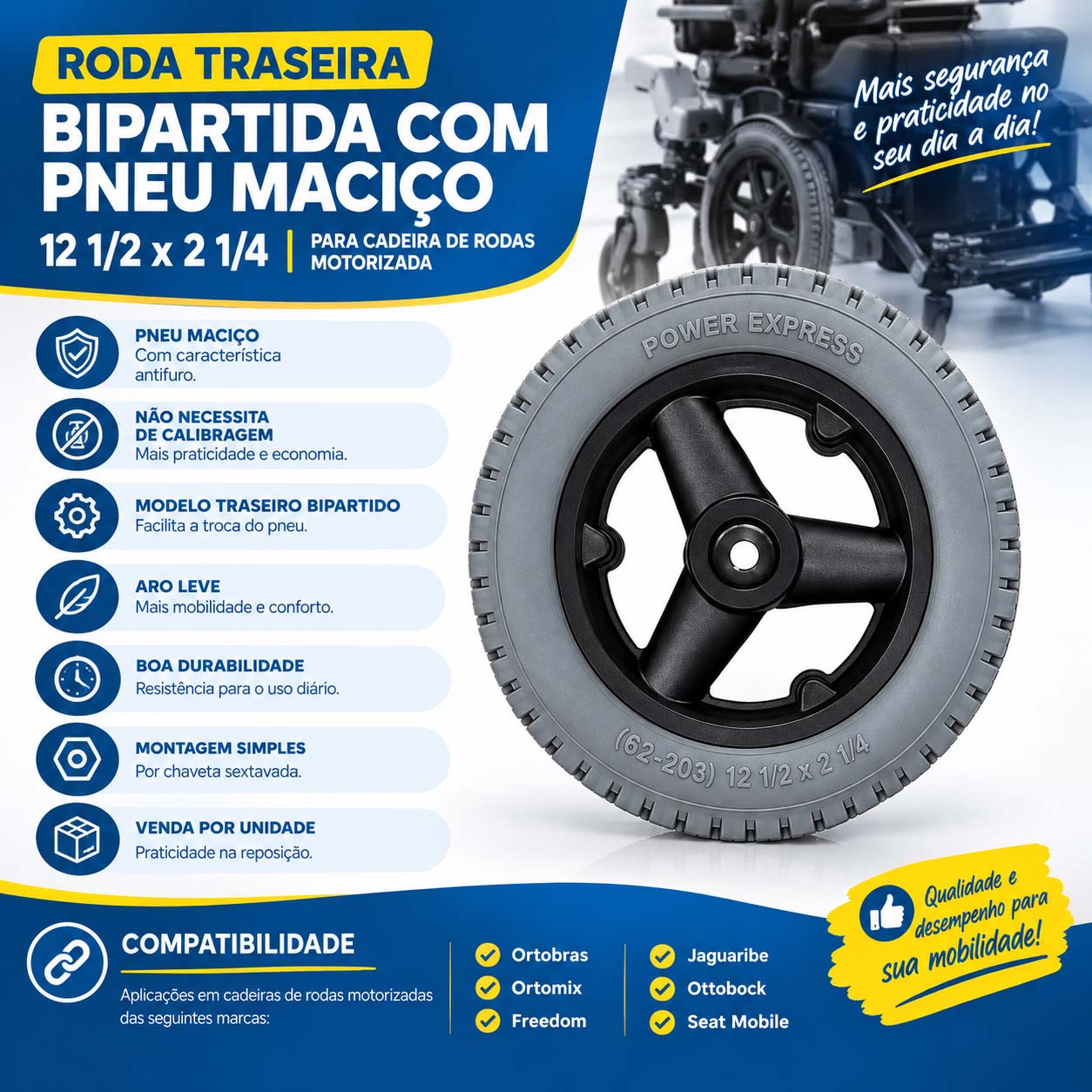 Roda Traseira Bipartida com Pneu Maciço 12 1/2 x 2 1/4 para Cadeira de Rodas Motorizada