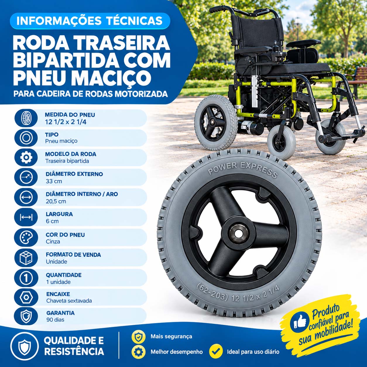 Roda Traseira Bipartida com Pneu Maciço 12 1/2 x 2 1/4 para Cadeira de Rodas Motorizada