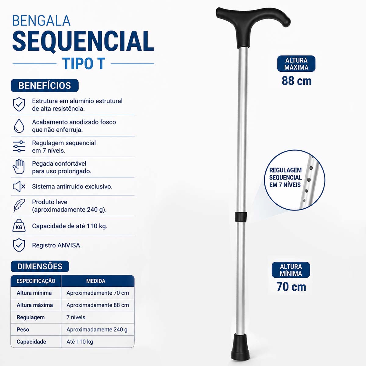 Bengala Ajustável Tipo T Fosco Pop Sequencial
