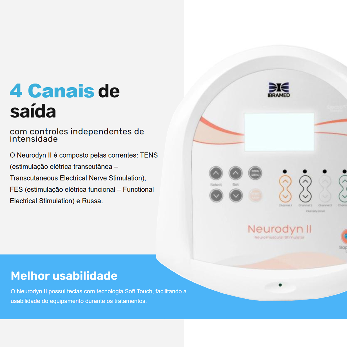 Neurodyn II Estimulador Neuromuscular de 4 Canais Ibramed 