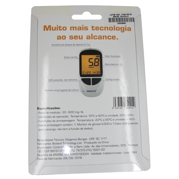 Medidor de Glicose Bioland G500 Com Cabo USB