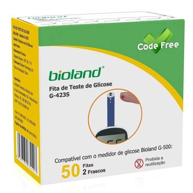 Tiras De Glicose Bioland 50 unindades G-423S Code Free