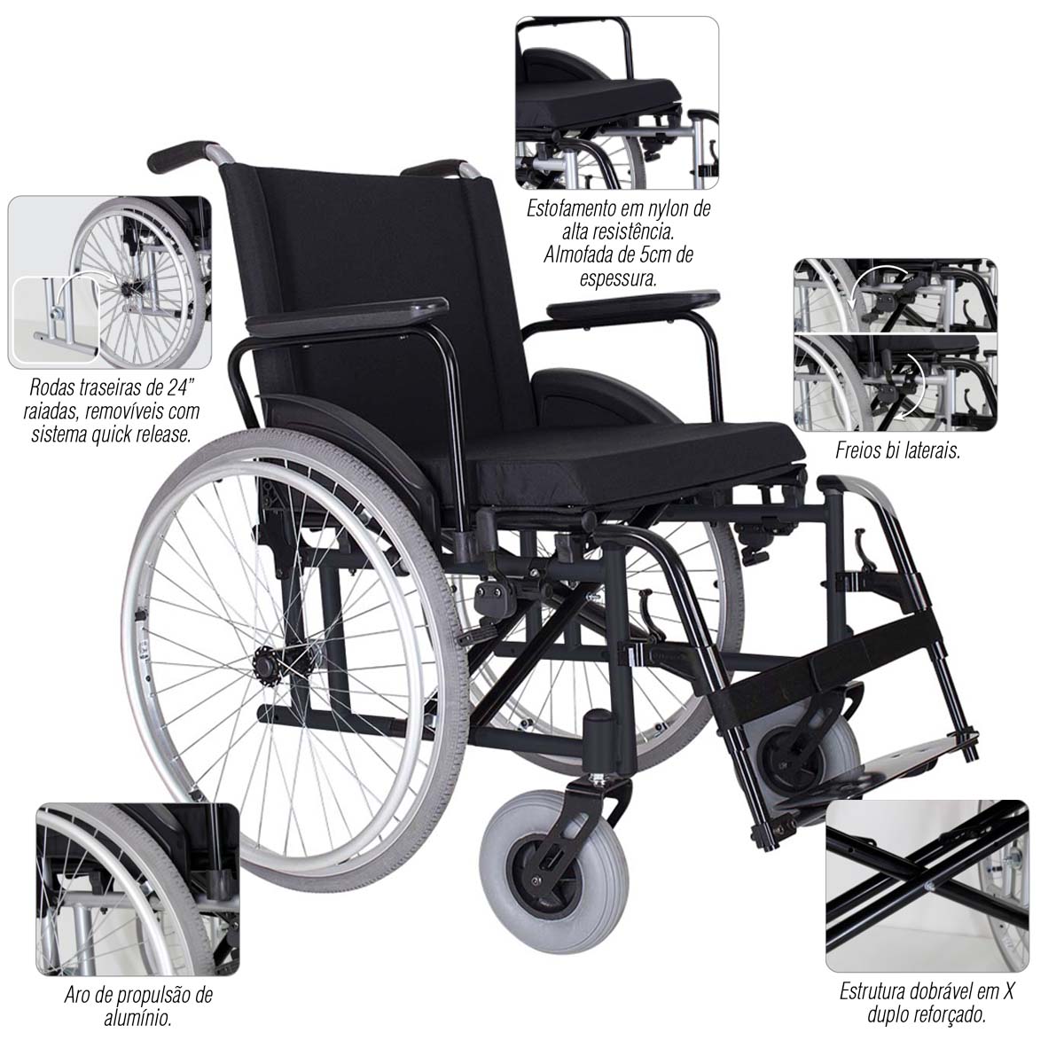 Cadeira de Rodas Dobrável Obeso 200kg MA3FO Ortomobil L56 P45 45 A