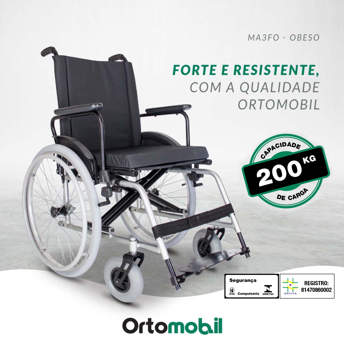 Cadeira de Rodas Dobrável Obeso 200kg MA3FO Ortomobil L56 P45 45 A