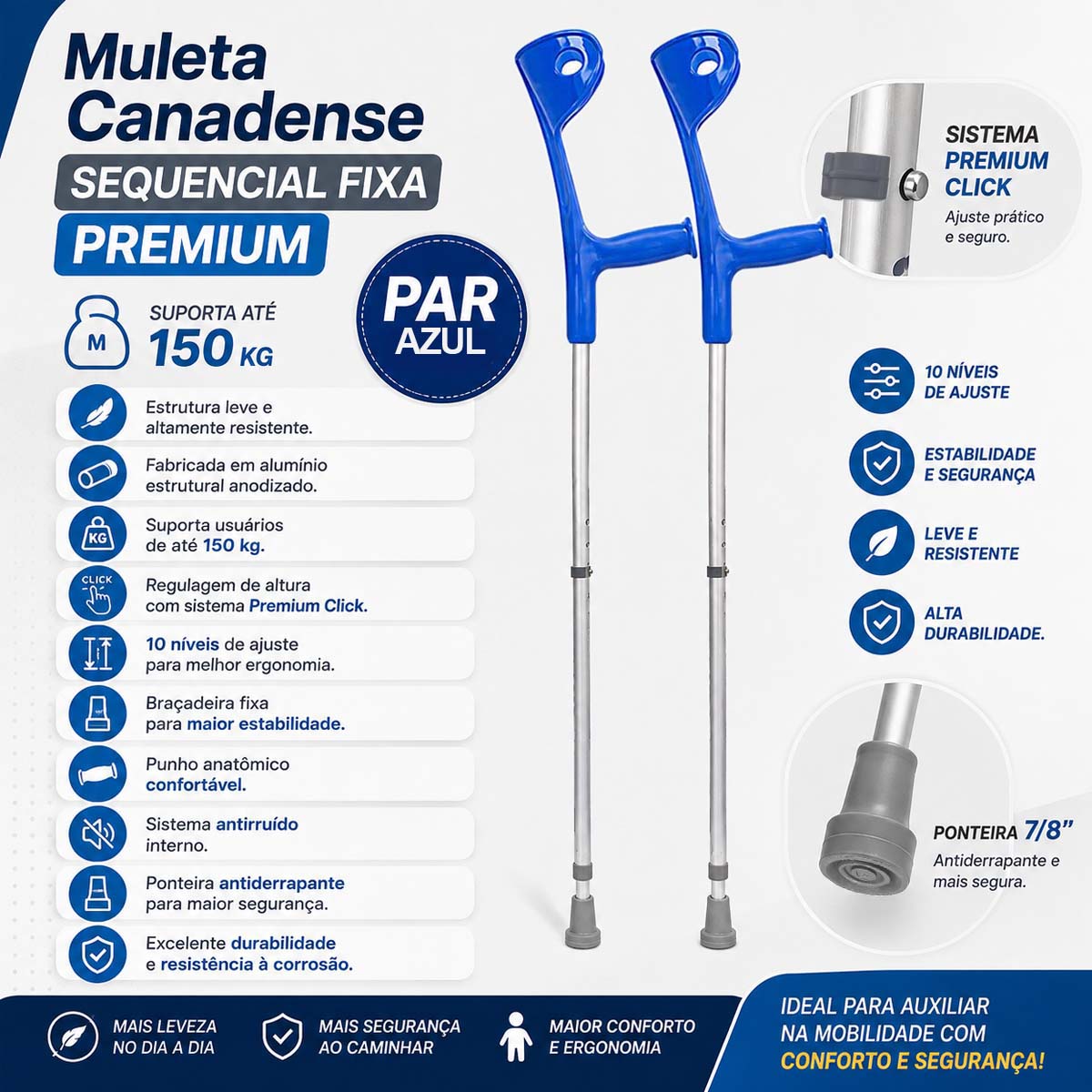 Muleta Canadense Sequencial Fixa Premium 150kg Ponteira 7/8 Par Azul