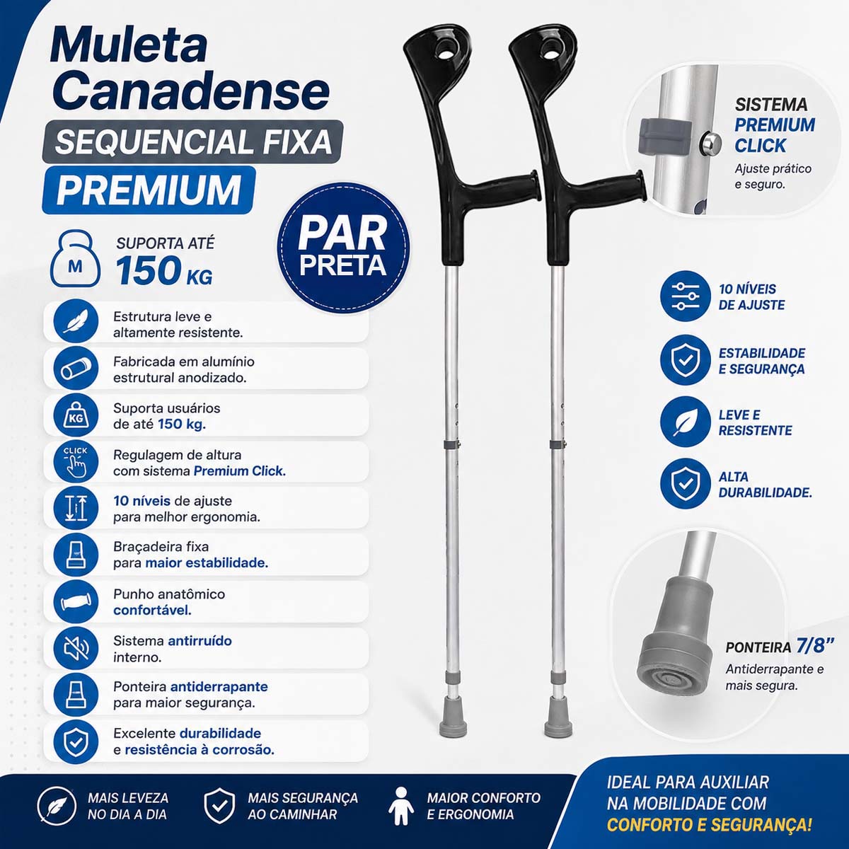 Muleta Canadense Sequencial Fixa Premium 150kg Ponteira 7/8 Par Preto