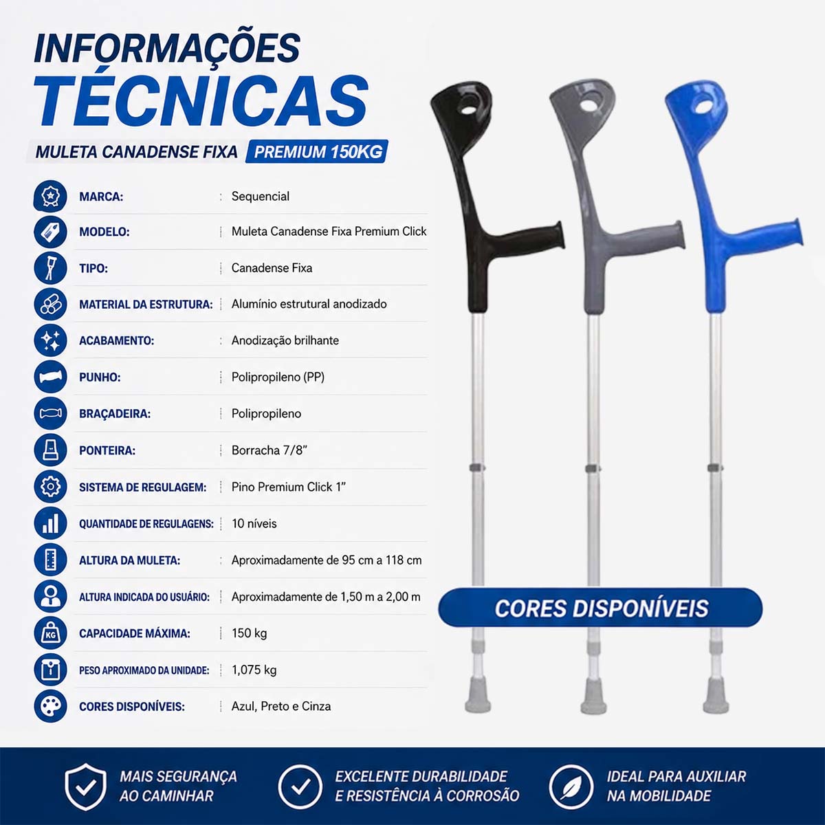 Muleta Canadense Sequencial Fixa Premium 150kg Ponteira 7/8 Par Preto