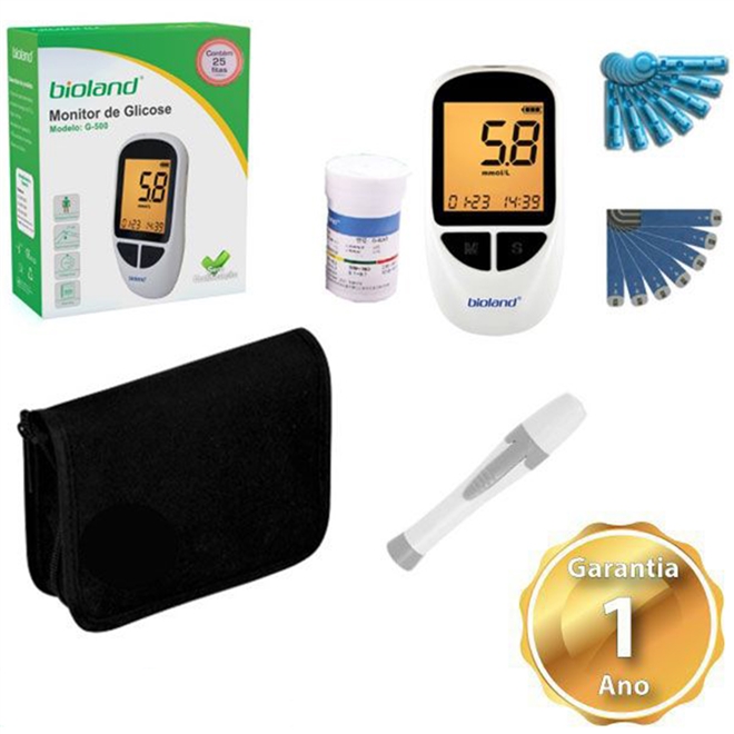 Kit Medidor de Glicose Bioland Cabo USB 25 Lancetas e 25 Fitas de Teste