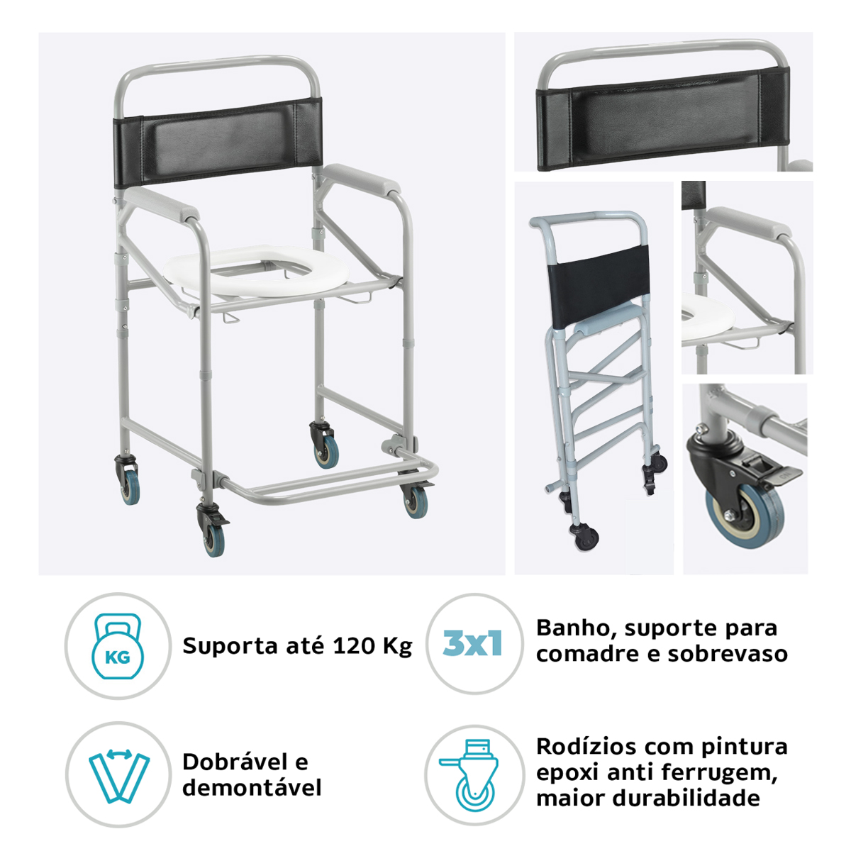 Cadeira de Banho Higiênica Dobrável Aço D40 Dellamed 120kg Apoio Escamoteável