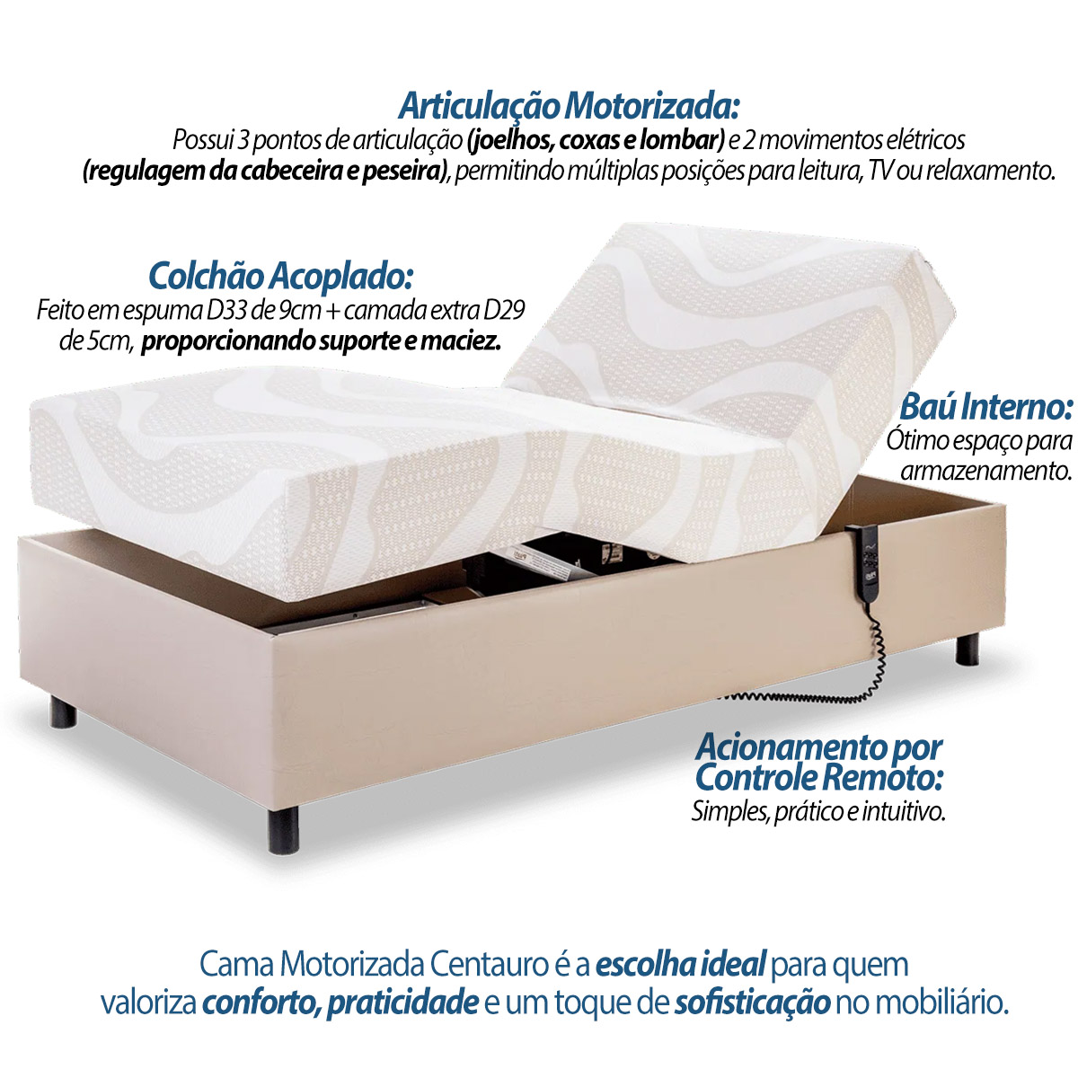 Cama Articulada Motorizada Centauro 90x200cm com Colchão de Mola Pilati