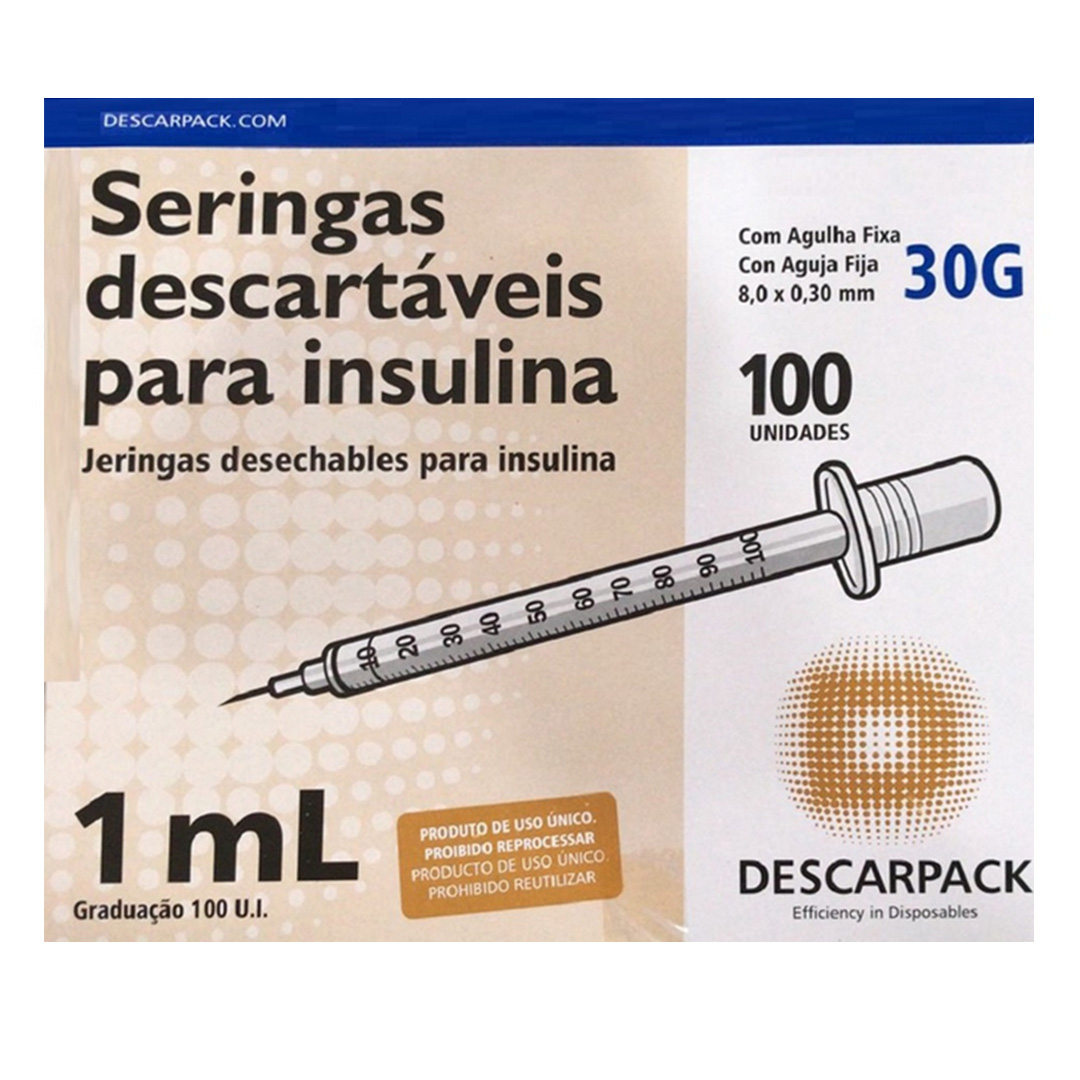 Seringa de Insulina Descarpack 1ml Agulha 8x0,3mm 100 Unidades