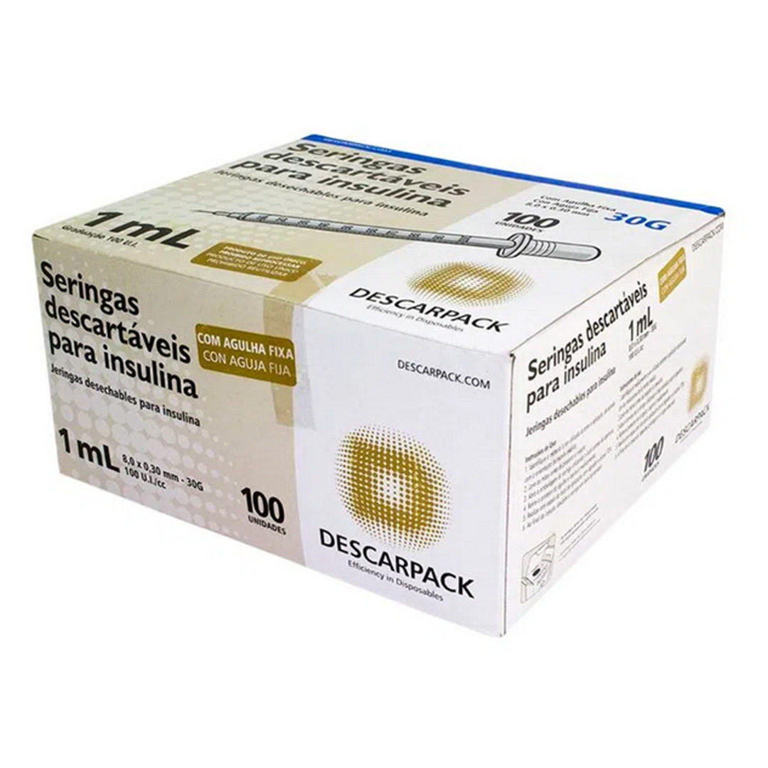 Seringa de Insulina Descarpack 1ml Agulha 8x0,3mm 100 Unidades