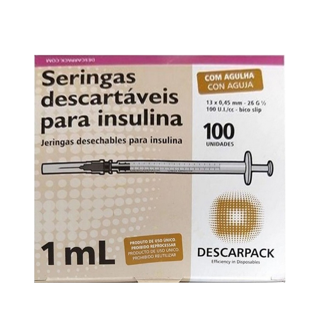 Seringa de Insulina Descarpack 1ml Agulha 13x0,45mm 100 Unidades