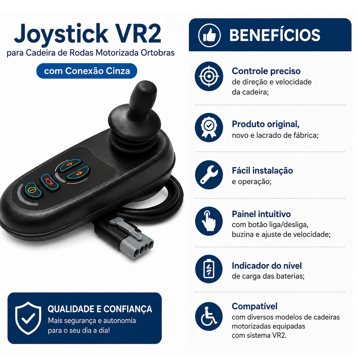 Joystick Completo VR2 para Cadeira de Rodas Motorizada Ortobras Conexão Cinza