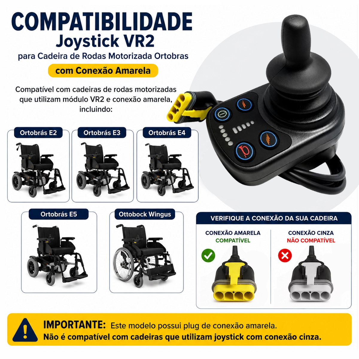 Joystick Completo VR2 para Cadeira de Rodas Motorizada Ortobras Conexão Amarelo