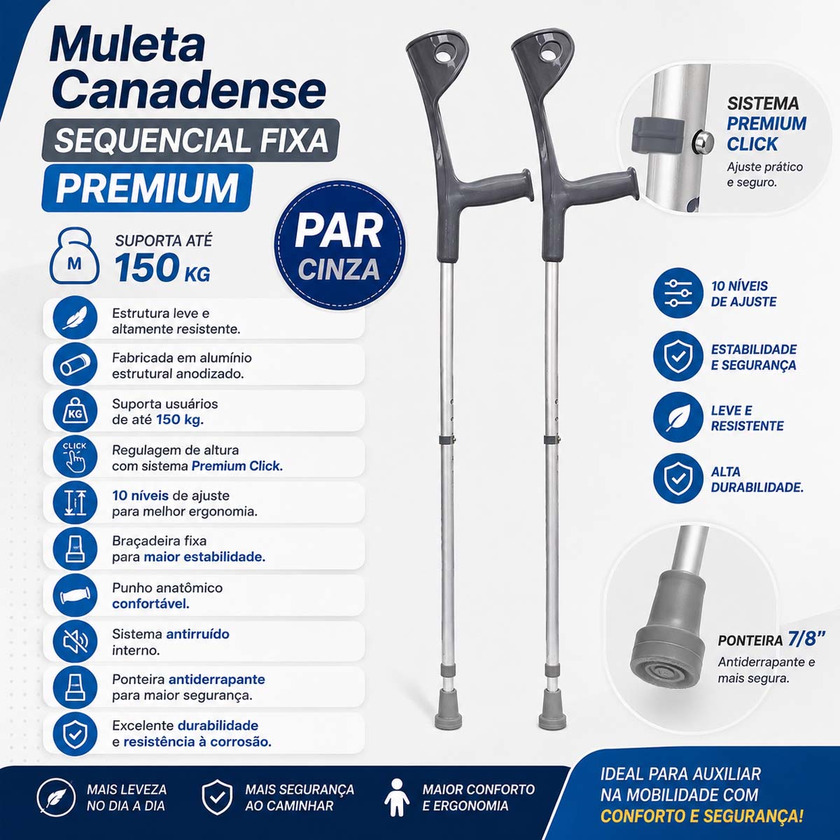 Muleta Canadense Sequencial Fixa Premium 150kg Ponteira 7/8 Par Cinza