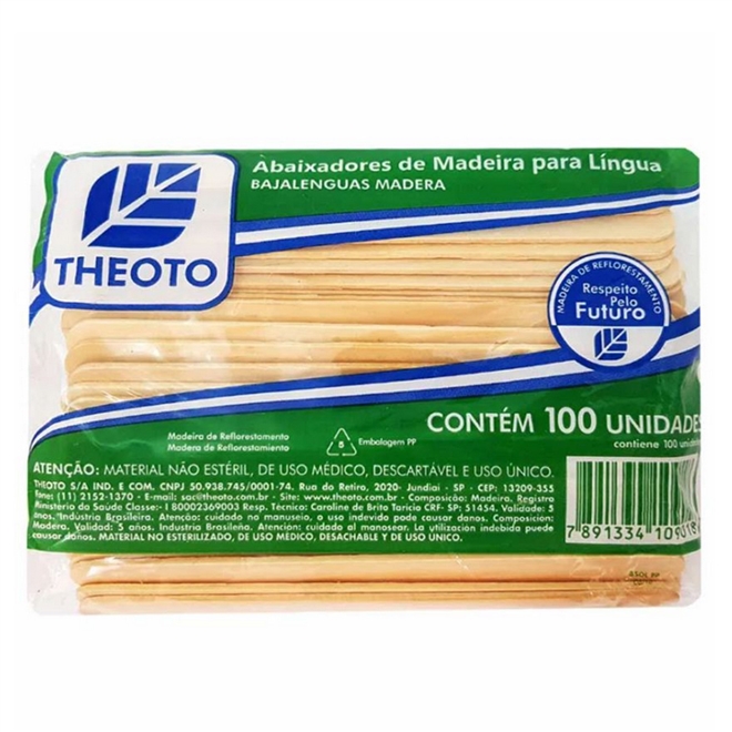 Abaixador de Lingua Não Estéril Madeira 100 Palitos Theoto