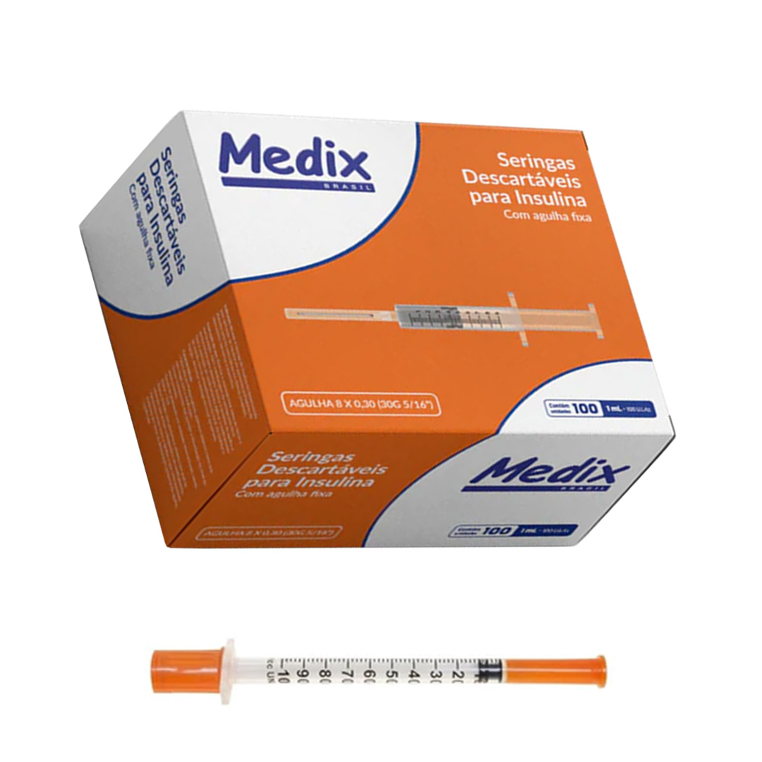 Seringa de Insulina 1ml Agulha 8x0,3mm Medix 100 Unidades