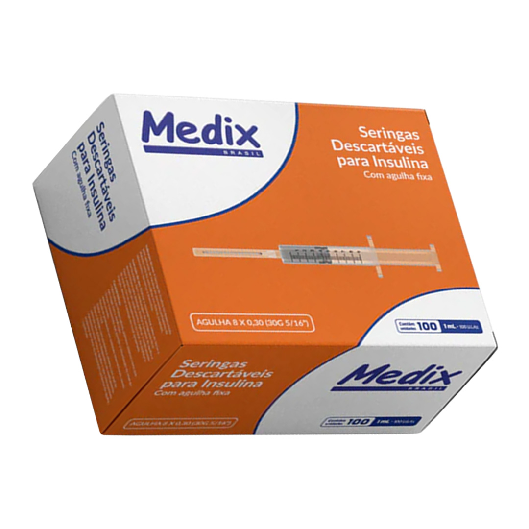 Seringa de Insulina 1ml Agulha 8x0,3mm Medix 100 Unidades