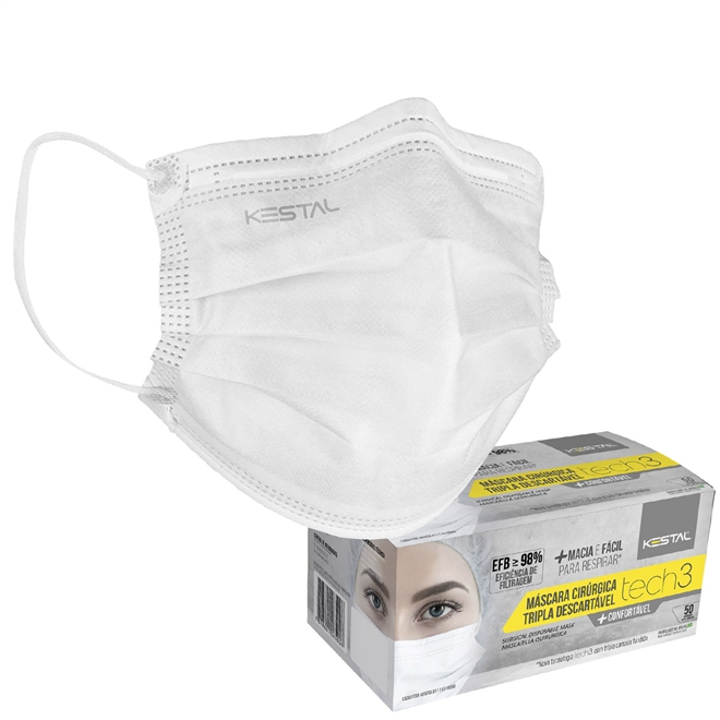 Máscara Descartável Tripla Clip Nasal Kestal Branca 50un
