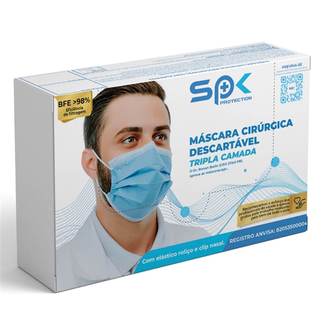 Máscara Descartável Tripla Clip Nasal SPK Azul 50un