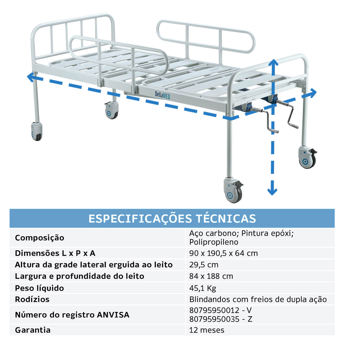 Cama Hospitalar Dellamed DX2 Manual com Colchão D28