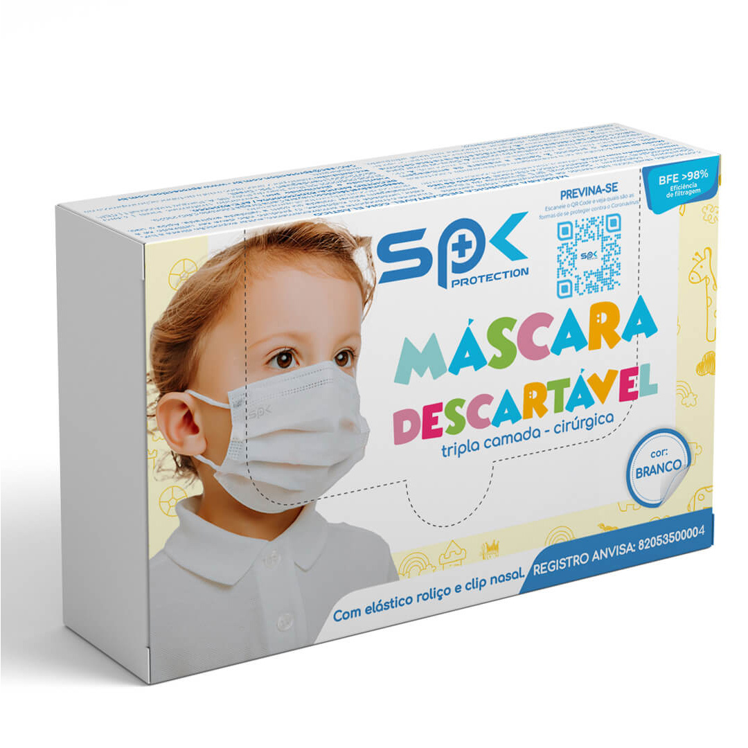 Máscara Descartável Infantil Tripla Clip Nasal SPK Branca 250un