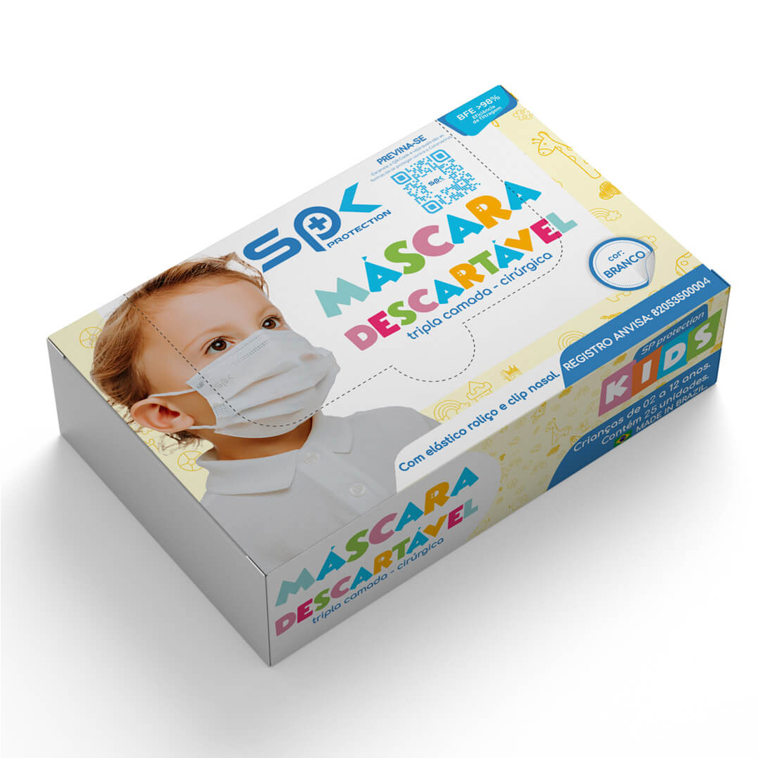 Máscara Descartável Infantil Tripla Clip Nasal SPK Branca 125un