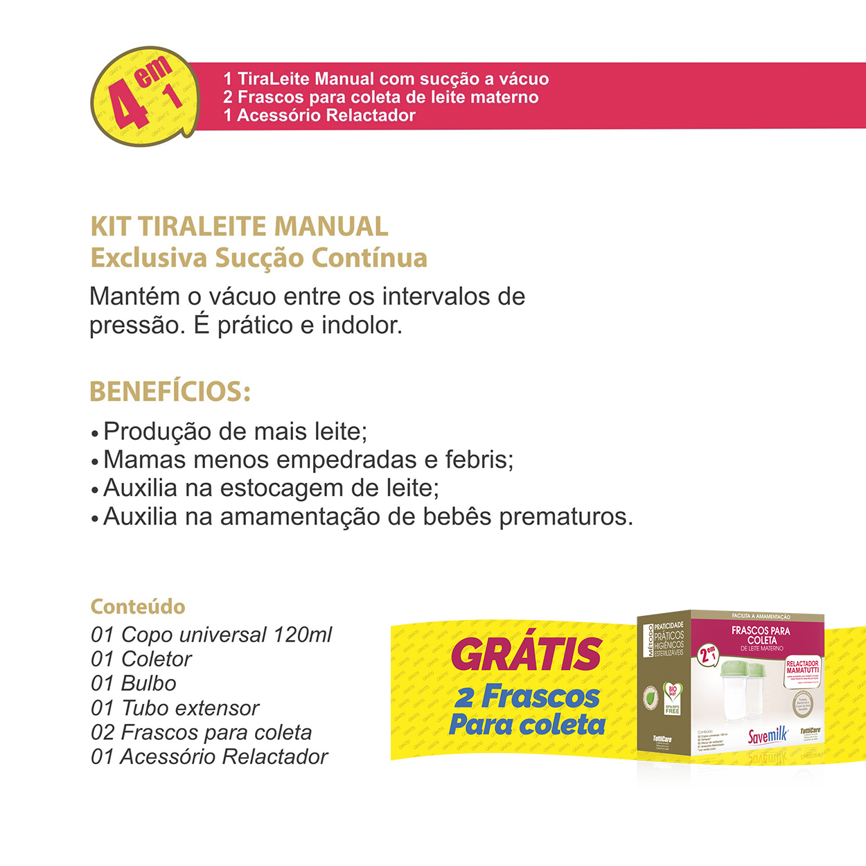 Tira Leite Bomba Manual Savemilk + 2 frascos para Coleta
