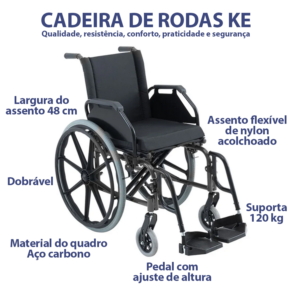 Cadeira de Rodas Ortobras KE Assento 48cm Dobrável Preta