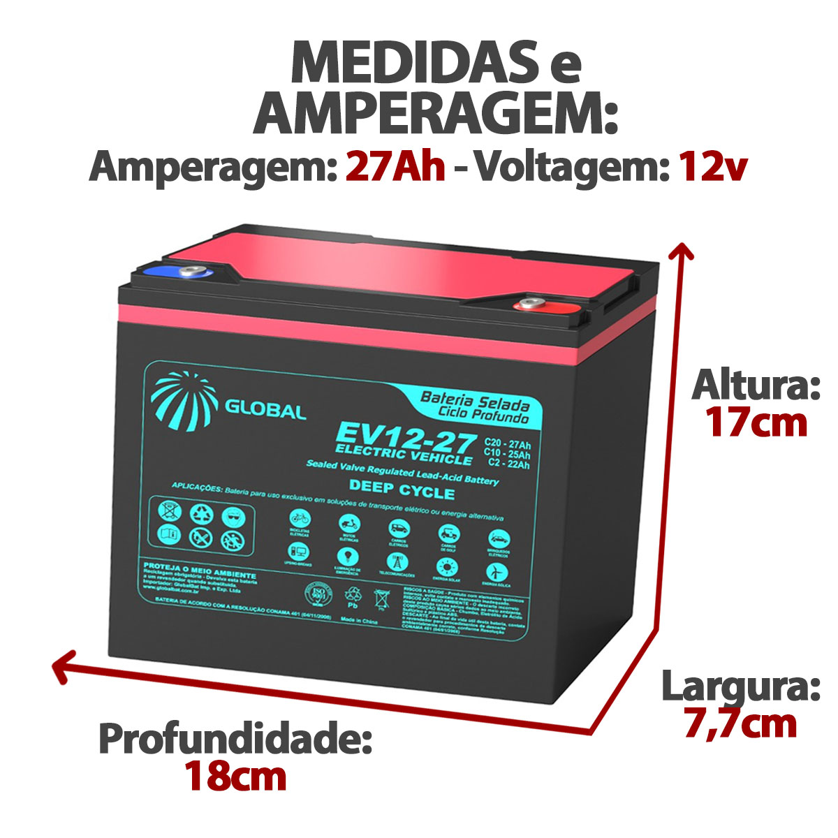 Bateria EVC12-27 Selada para Cadeira de Rodas Motorizada Global 12V 27Ah