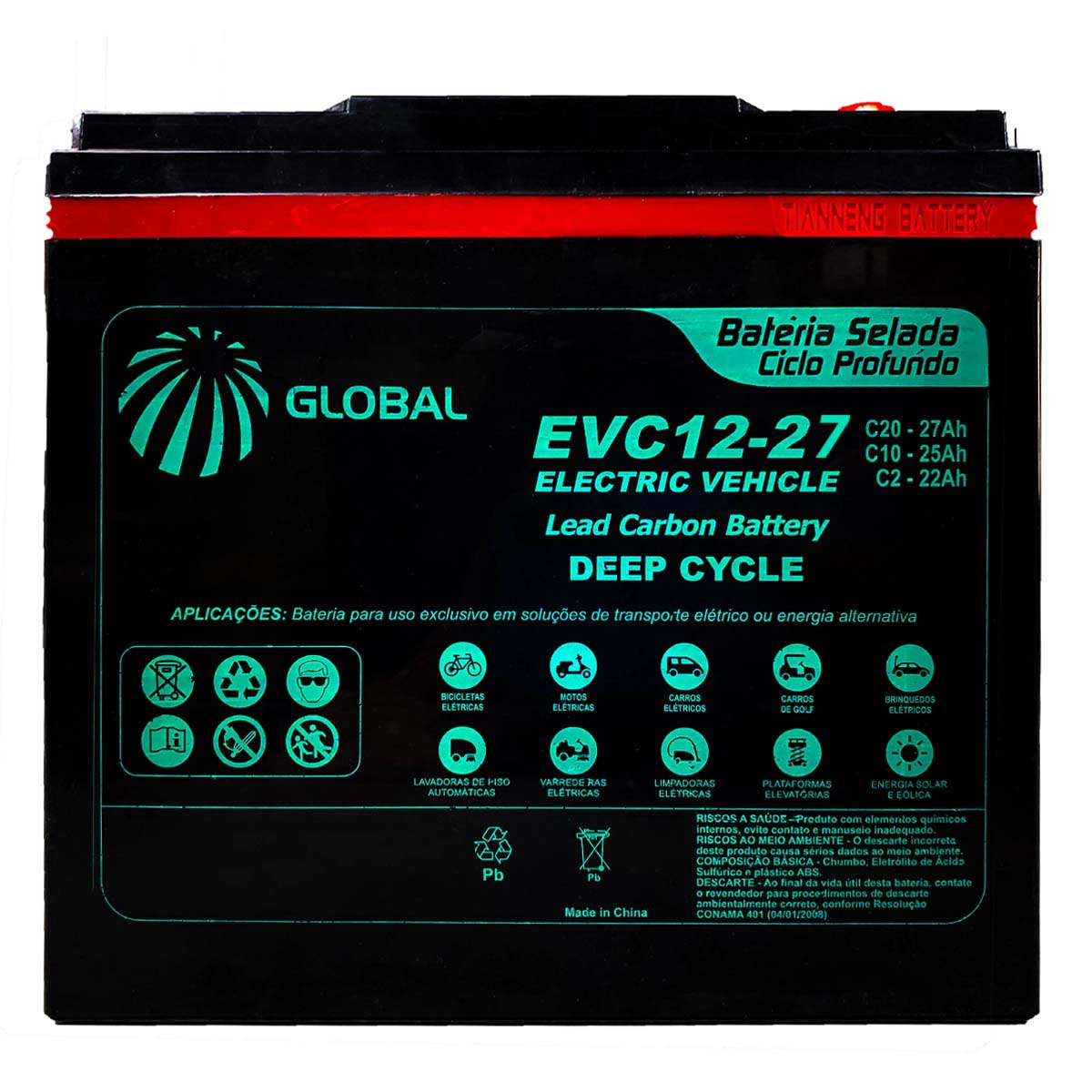 Bateria EVC12-27 Selada para Cadeira de Rodas Motorizada Global 12V 27Ah