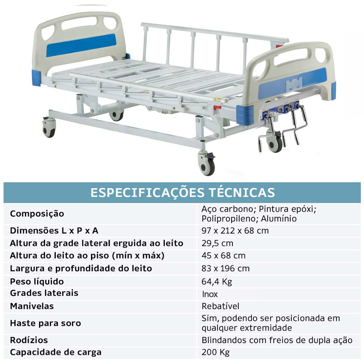 Cama Hospitalar Manual 3 Movimentos com Elevação DX3 Dellamed