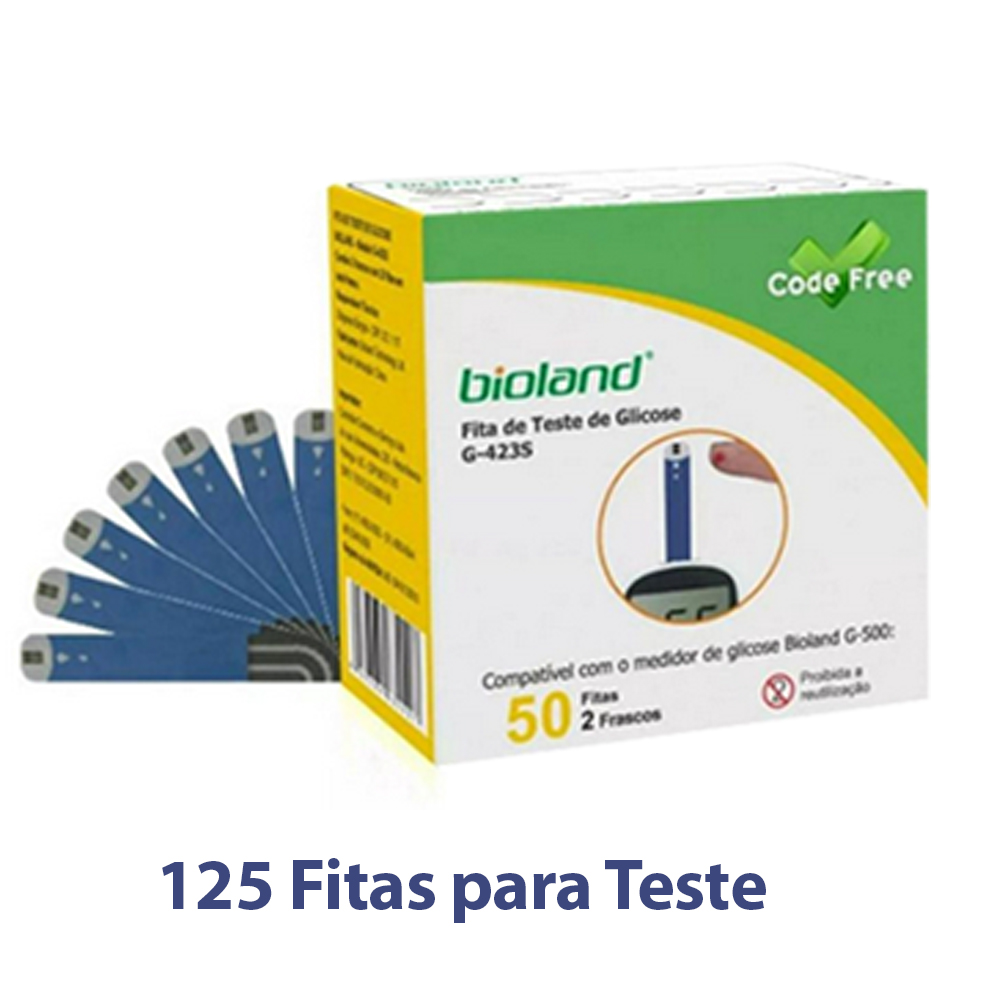 Kit Medidor de Glicose Bioland Cabo USB 125 Tiras de Teste