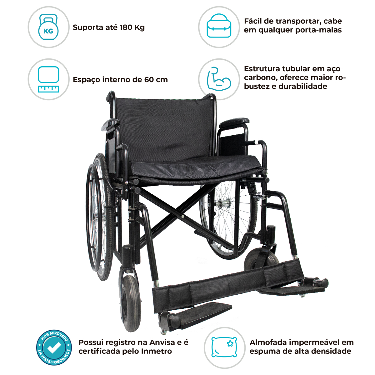 Cadeira de Rodas Obeso Dobrável D500 180kg 62cm Dellamed 