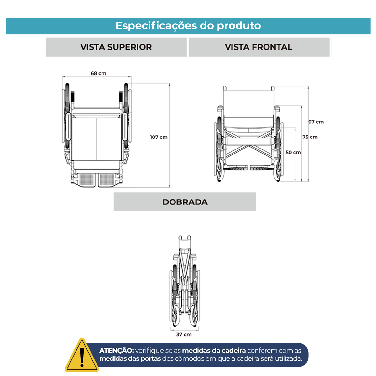 Cadeira de Rodas Obeso Dobrável D500 180kg 62cm Dellamed 