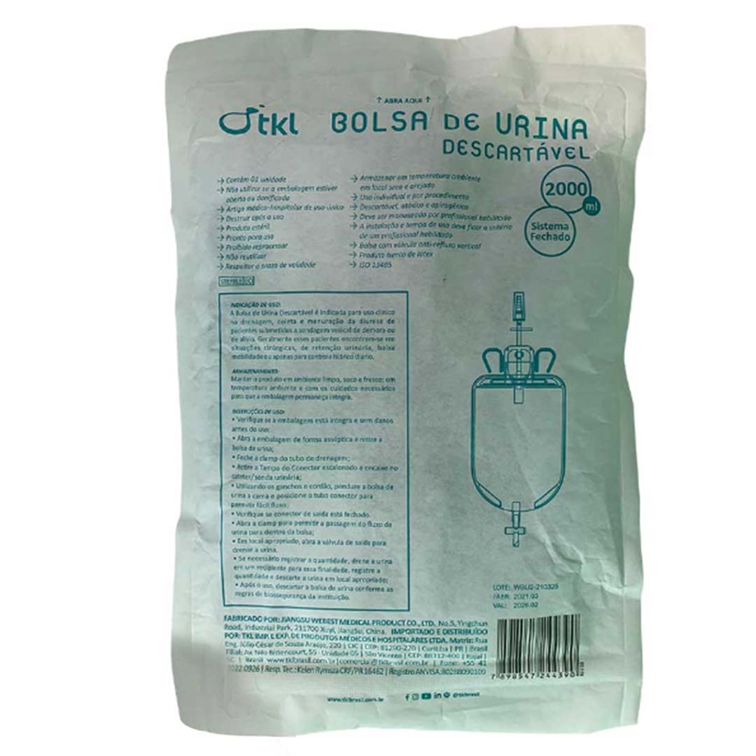 Bolsa Coletor Urina SF 2L Sem Filtro Sem Ponto Coleta Com Valvula Anti Refluxo 5 Unidades