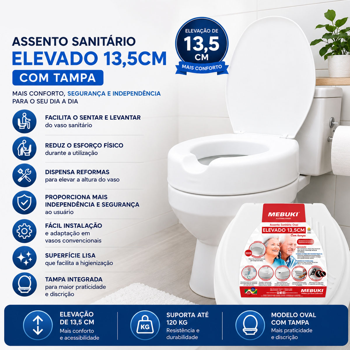 Assento Sanitário Elevado 13,5 CM Com Tampa Mebuki