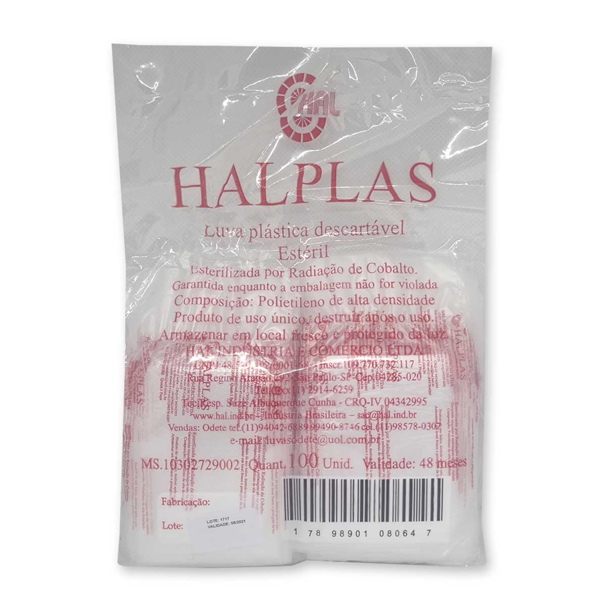 Luva Plástica Descartável Halplast Transparente Individual Esteril 100un