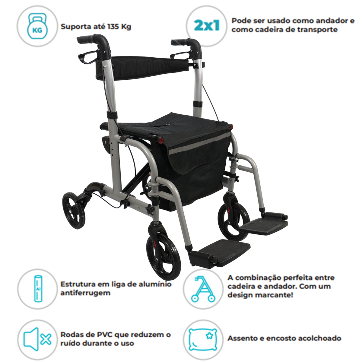 Andador Cadeira Aluminio Dobravel Até 135kg D15 Dellamed