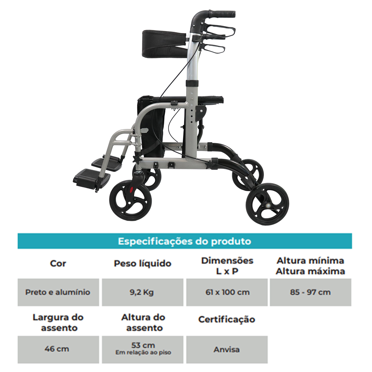 Andador Cadeira Aluminio Dobravel Até 135kg D15 Dellamed