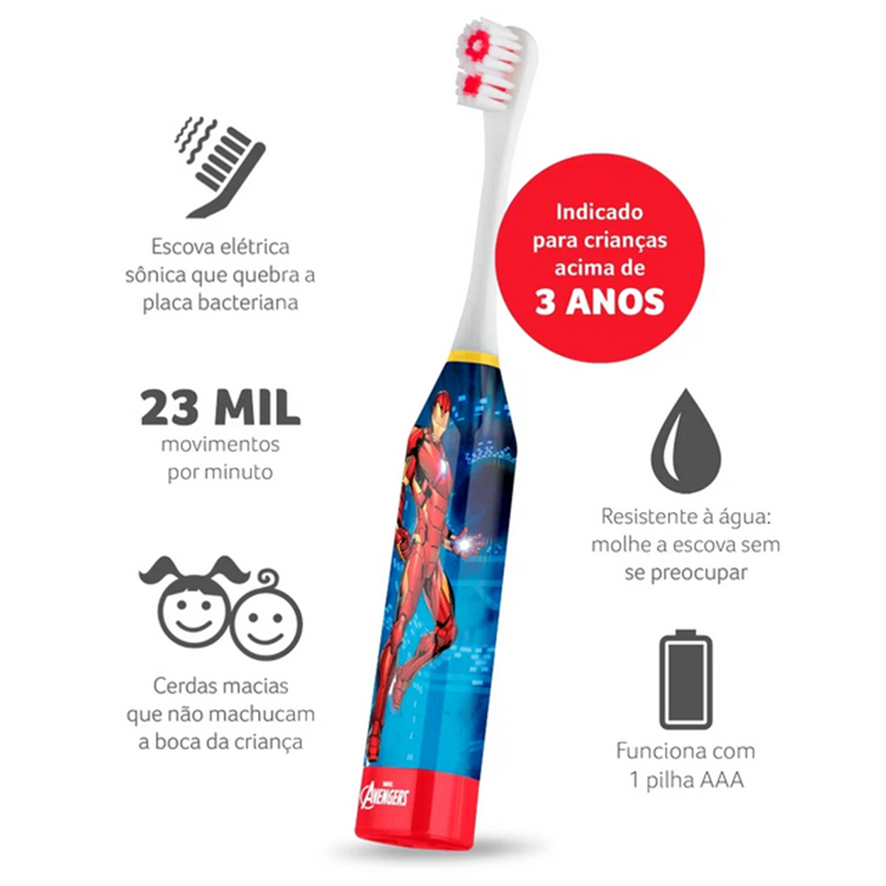 Escova Dental Elétrica Vibracional Infantil Marvel Avengers Homem de Ferro