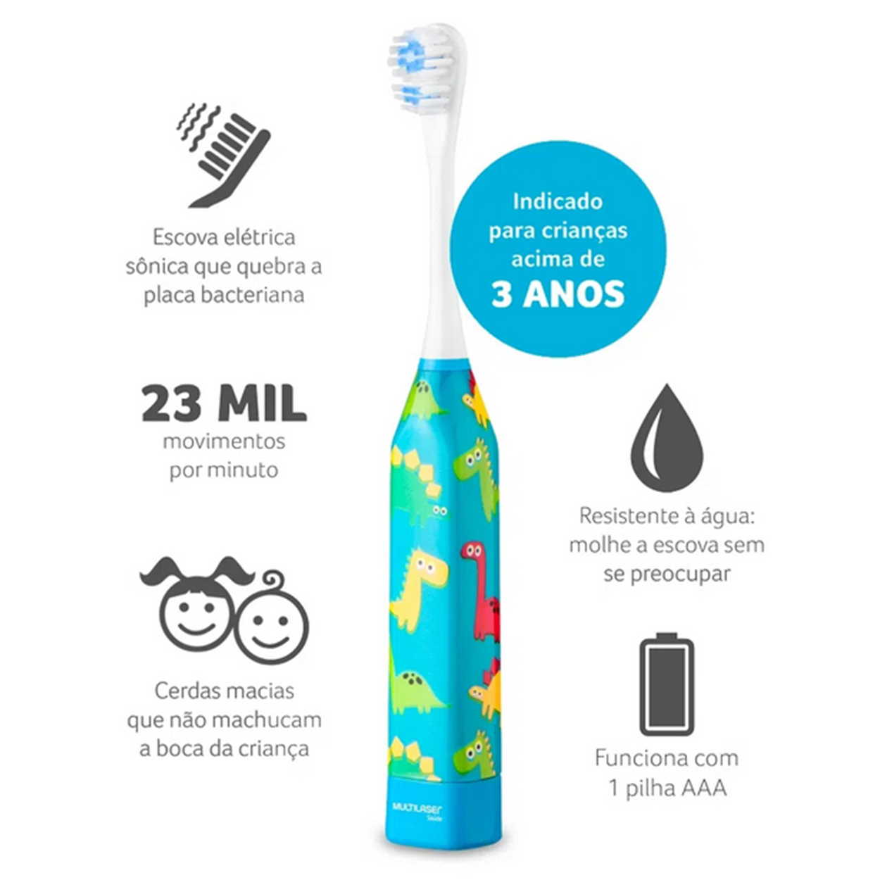 Escova Dental Elétrica Vibracional Infantil Kids Dinossauro