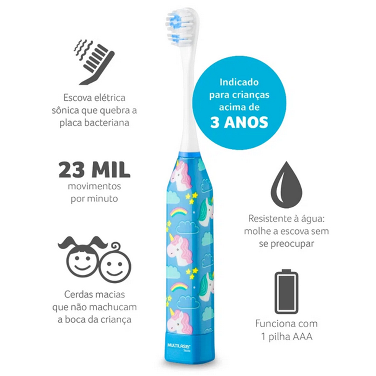 Escova Dental Elétrica Vibracional Infantil Kids Unicórnio 