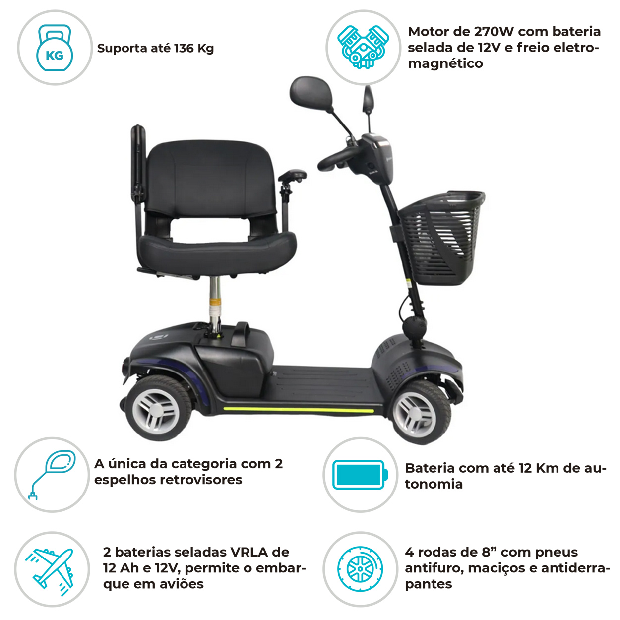Scooter Elétrica Preta LB Ligth Até 136kg Dellamed