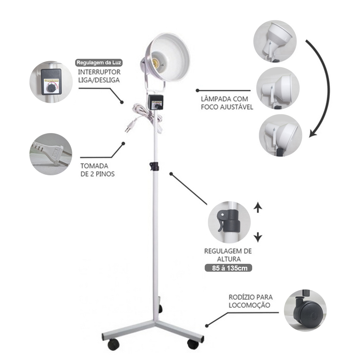 Pedestal Suporte para Infravermelho Dimer e Rodízio Altura 1.35m