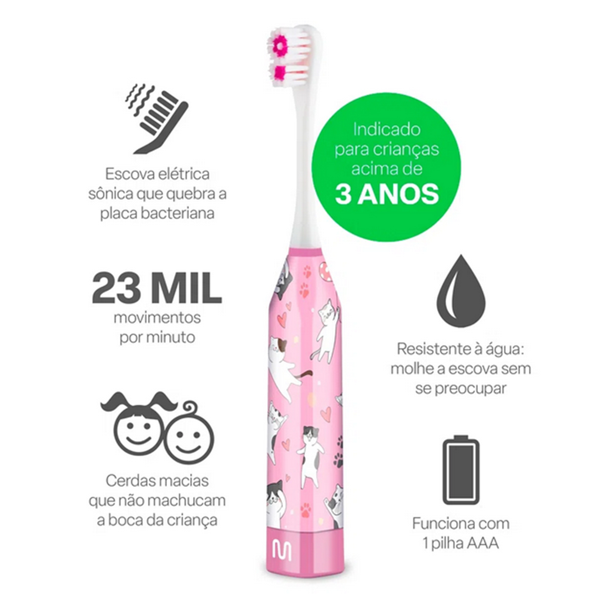 Escova Dental Elétrica Vibracional Infantil Kids Gatinho