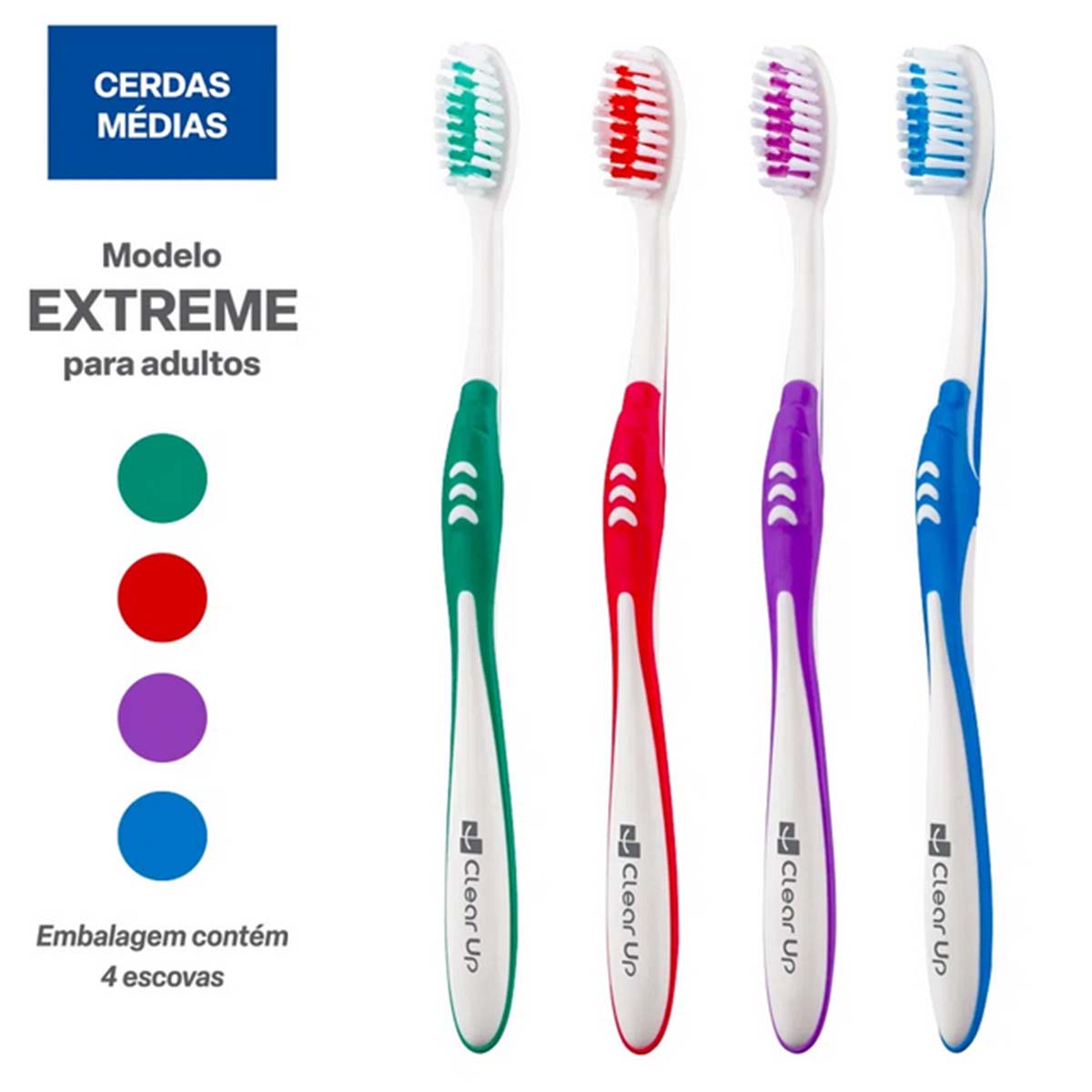 Escova Dental Cerdas Médias Clear Up com 4 Unidades (Cores Sortidas)