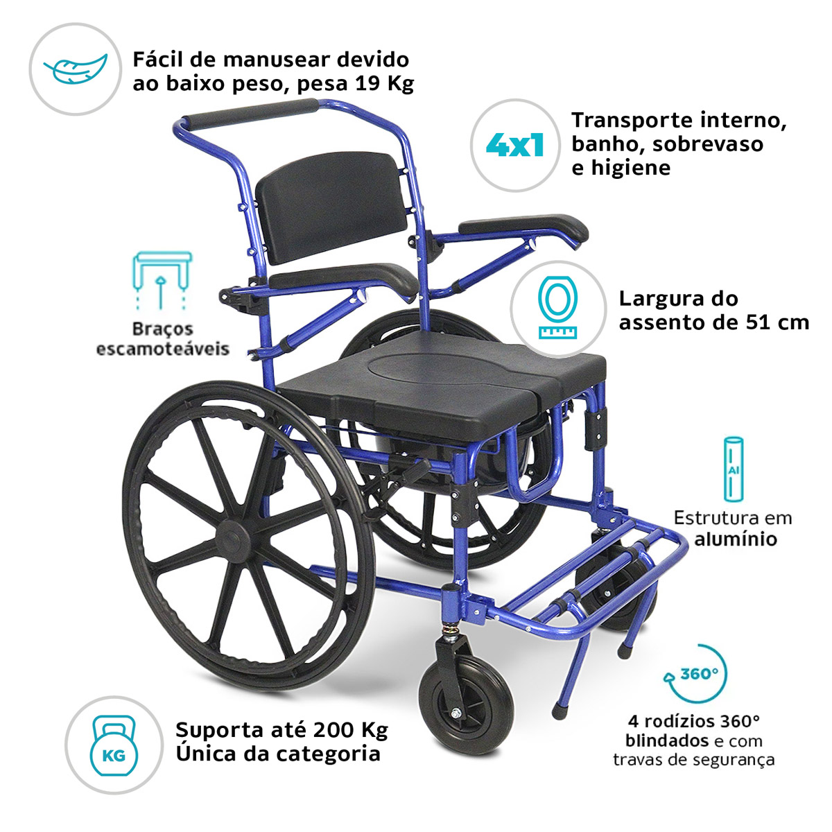 Cadeira de Banho Higienização Obeso 200kg D70 Dellamed
