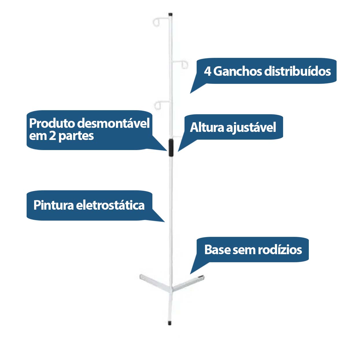 Suporte de Soro 4 Ganchos Aço 2m Sem Rodizio SSV-03 SR Vagalumy